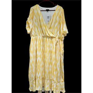 Torrid Women’s 2 ( 2X 18/20 )Midi Swiss Dot Surplice Wrap Dress Yellow White NEW